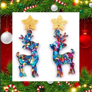 🍏50% OFF/3+...Sparkly Acrylic Reindeer Dangle Christmas Earrings